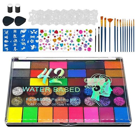 Face Painting Kit, Water Activated Face Paint Palette with Stencils, Brushes, Gems for Halloween Makeup, Parties, Carnival, School Event & Festivals (42 Colors)