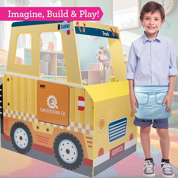 Construction Truck Wooden Playset w 60+ Toy Pieces- Pretend Hammer Saw Bolts & Screws- Spinning Turn Saw, Steering Wheel, Wood to Pull Apart- Dual Sided Play Stand Center, Workbench Building Kids Gift