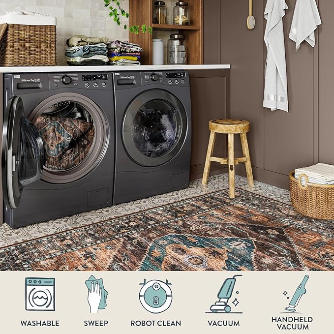 Lahome 2x4 Washable Entryway Runner Rug - Non-Slip Ultra-Thin Stain Resistant Kitchen Rugs, Oriental Print Carpet Runner for Hallway Bedroom Laundry Room