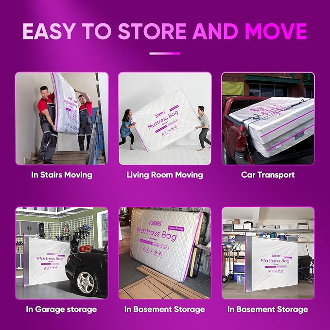 ZCHENBS® – Mattress Bags for Moving and Storage,Mattress Bag with Zippers,5 Mil Ultra-Thick Bed Bag,Waterproof,Anti-Tear,Heavy-Duty Mattress bag (Tansparent/Purple, Queen-(1 Pack))