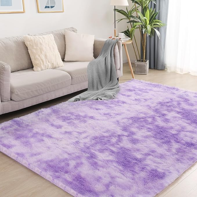 Area Rugs 8x10, Fluffy Rugs for Living Room, Ultra Soft Rugs for Bedroom, Non-Slip Indoor Carpet for Nursery, Kids Room, Playroom, Home Decor, Tie-Dyed Purple