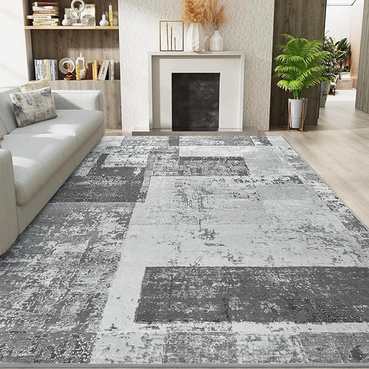 LOCHAS Rug for Living Room, Washable Soft Area Rugs for Bedroom 9x12, Abstract Carpet for Indoor Office Kids Dining Room Nursery Floor, Grey Geometric Vintage Home Decor, Non Slip, Pet Child Friendly