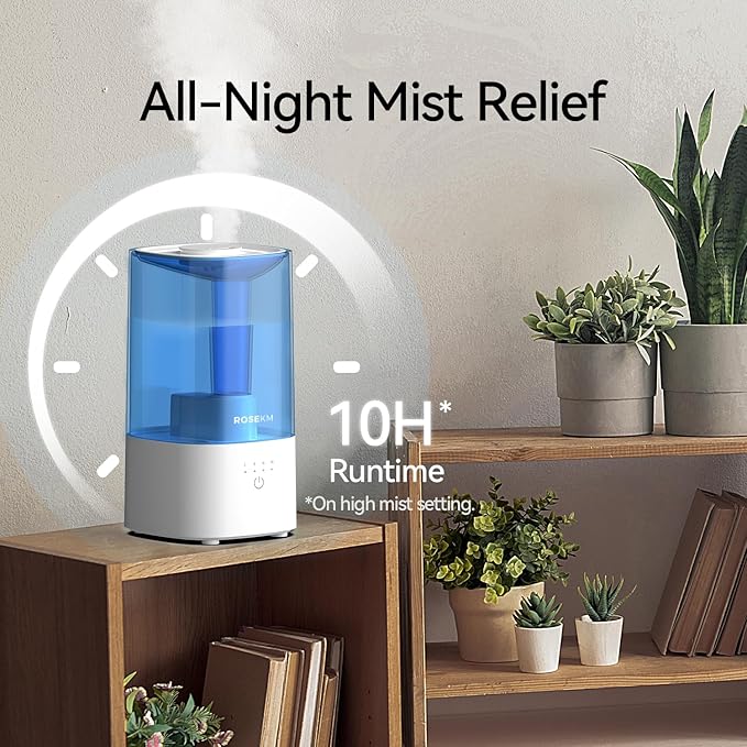 Cool Mist Humidifiers for Bedroom, 2.0L Small Humidifier for Baby and Plant, Last Up to 10H on Max Mist Setting, Auto Shut-Off, Auto-Off Indicator, 360° Nozzle