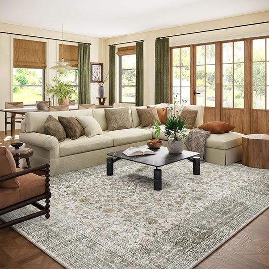 Machine Washable Rugs for Living Room: 9x12 Area Rugs for Bedroom Vintage Stain Resistant Non Slip Low Pile Soft Boho Carpet for Kitchen Dining Room Farmhouse Kids Room Nursery
