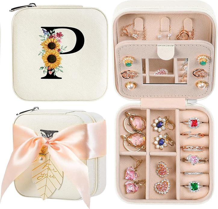 AYGXU Travel Jewelry Box for Women and Girls - Small Case With Initial A-Z - Teacher Gifts