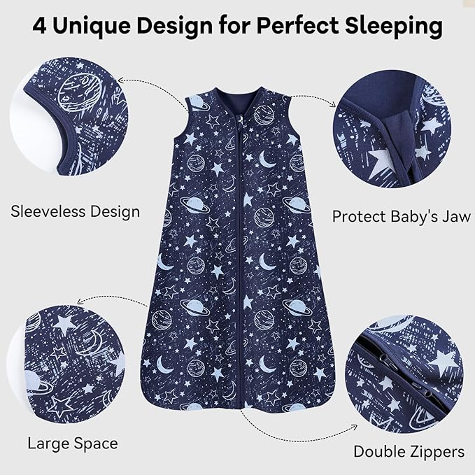 Baby Sleep Sack 0-6 Months 3 Pack 100% Cotton Lightweight 0.5 TOG Wearable Blanket Baby Sleep Bag with 2-Way Zipper for Newborn Infant Blue