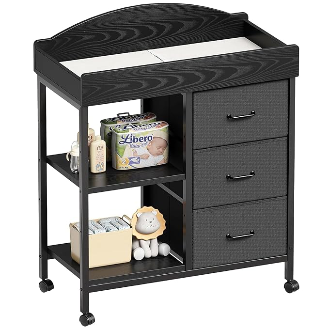 Changing Table Dresser, Baby Dresser with 3 Fabric Drawers and 2 Shelves, Multi-Functional Baby Changing Table with Pad, Classic Nursery Dresser, Diaper Changing Station for Nursery, Black