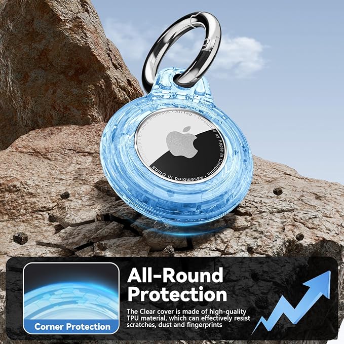 Upgrade Waterproof 4 Pack Airtags Holder with Apple Airtags Keychain, Hard PC Clear Air Tag Case, Anti-Scratch & Shock Air tag Holder, Men's Women's Keyrings & Keychains-Black+Chartreuse+Green+Blue