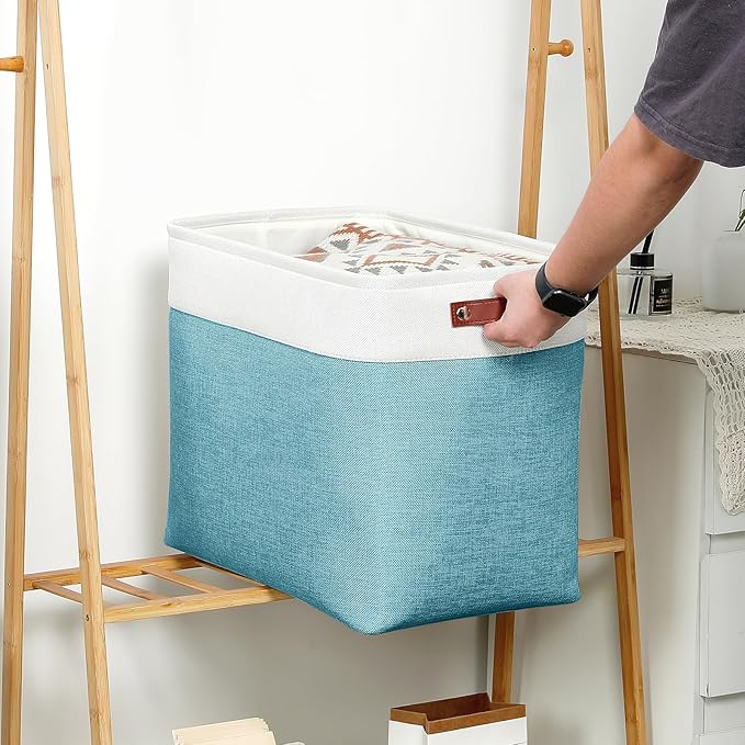DULLEMELO Extra Large Storage Baskets, Fabric Storage Bins for Organizing Shelves Nursery Toys Books, Closet Baskets and Bins with Handles, White&Teal, 2-Pack