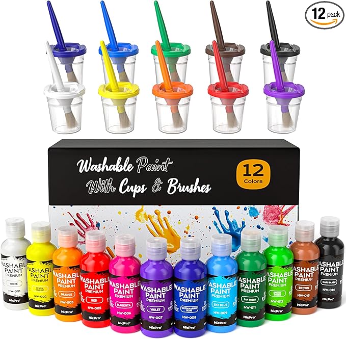 Nicpro Washable Paint for Kids, Kids Painting Set with Cups and Paintbrushes, 12 Vibrant Colors(2 oz), Non Toxic Washable Finger Paint for Toddlers Preschool Home School Children Art Painting Supplies