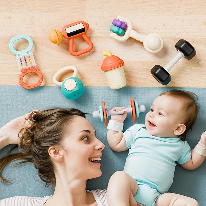iPlay, iLearn Baby First Gym Rattle Set, Infant Dumbbell Weights Teething Rattles 3-6-12 Month, Newborn Workout Sensory Stroller Toy, Babies Birthday Shower Gift 5 7 8 9 10 Month Toddler Boy Girl-7PCS