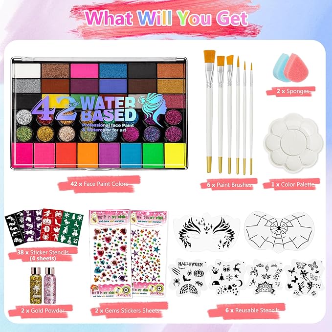 Halloween Face Painting Kit, 42 Color Non-Toxic Water Face Paint Kit with Brushes Gems Stencils, Professional Face Paint for Party, Creative Activity, Birthdays, Halloween Christmas Makeup Kit