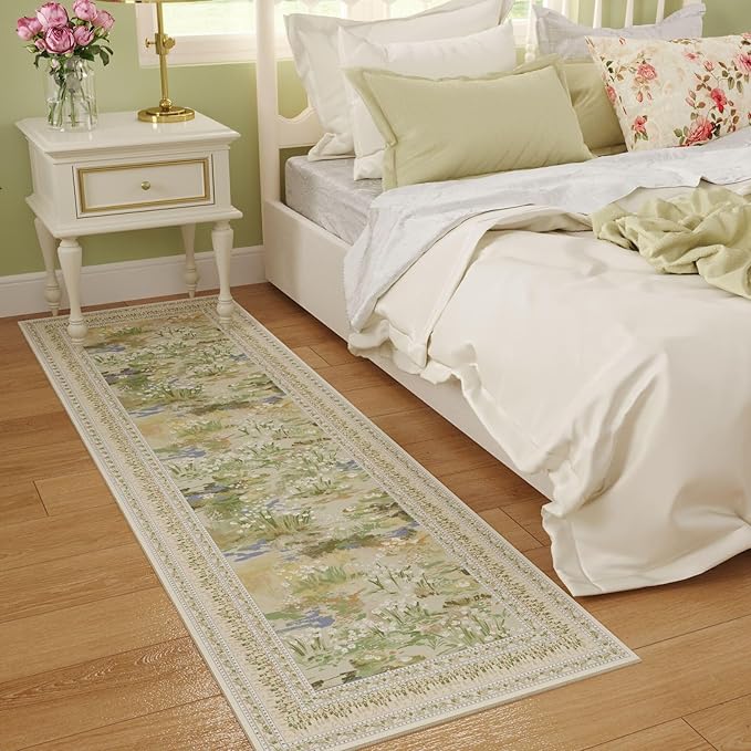 2x6 Runner Rug Impressionist-Style Vintage Kitchen Rugs Non Slip Washable Soft Carpet Runner for Kitchen Laundry Bedroom Bathroom, Beige