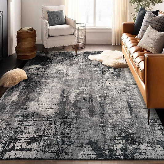 Area Rug Living Room Rug, 5x7 Modern Abstract Washable Rug Black Non Slip Foldable Faux Wool Vintage Carpet, Fluffy Non-Shedding Rugs for Living Room, Bedroom, Dining Room, Kids Playroom