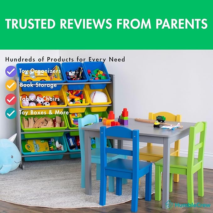 Humble Crew Kids Toy Storage Organizer with 12 Plastic Bins, Grey/Blue/Green/Yellow – Removable Bins for Playroom, Bedroom, Toddler Furniture for Boys and Girls Ages