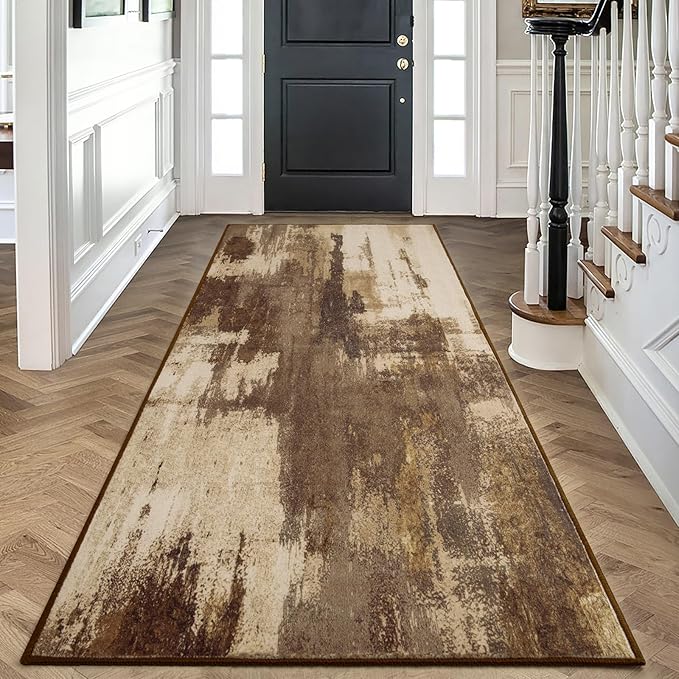 Washable Runner Rug, 2x6 Kitchen Rugs Brown Long Runner Rugs with Rubber Backing, Abstract Non-Slip Carpet Runners for Hallways, Kitchen, Bedroom, Laundry, Entrance