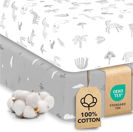 Sweety Fox 2-Pack Cotton Jersey Crib Sheets – Soft Fitted Sheets for Boys and Girls, Mini Crib Sheets, Toddler Bed Sheets (Savanna)