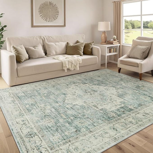 LIVEBOX Washable Area Rug 6x9 Rugs for Living Room Dining Room Under Table, Non-Slip Boho Indoor Carpet for Bedroom, Low-Pile Farmhouse Soft Carpets for Nursery Playroom, Sage Green