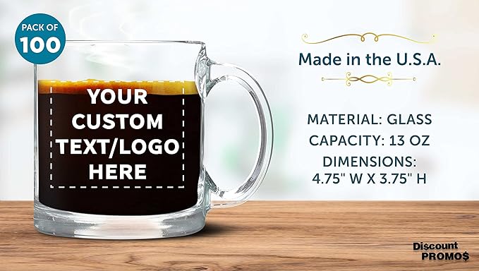 Custom Libbey Clear Glass Coffee Mugs 13 oz. Set of 100, Personalized Bulk Pack - Perfect for Coffee, Tea, Espresso, Hot Cocoa, Other Beverages - Clear Bottom