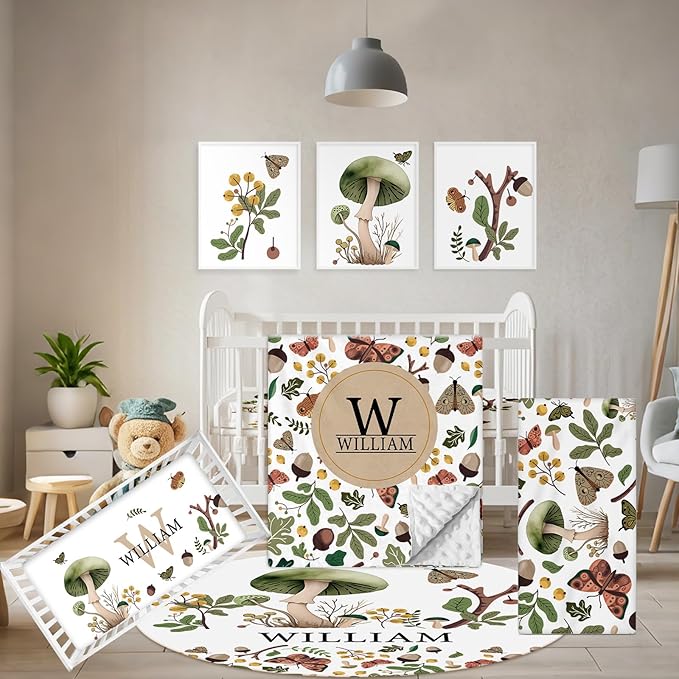 Personalized Crib Bedding Set, 5 Pcs Custom Nursery Bedding Sets with Name, Infant Bedding Set for Baby Boy Girl, Mushroom Double Layer Baby Crib Set, Babies Toddlers Kids Customized Gifts