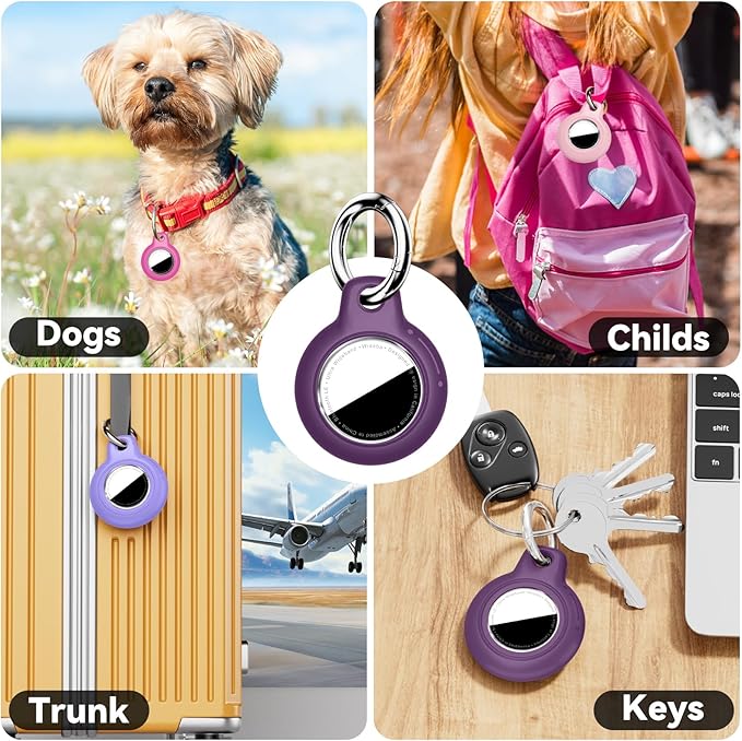 Upgrade Waterproof 4 Pack Airtags Holder with Apple Airtags Keychain, Hard PC Air Tag Case, Anti-Scratch & Shock Air tag Holder, Men's Women's Keyrings & Keychains -Rose Red+Pink+Purple+Dark Purple