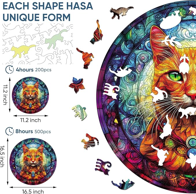 Cool Wooden Puzzle for Adults 500 Piece, Yellow Cat Wooden Jigsaw Puzzles, Beautiful Wooden Puzzle with Box Birthday Gifts for Adults and Kids Family Game(16.5 * 16.5in)