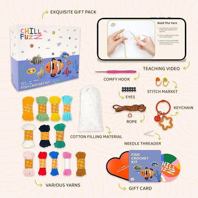 ChillFuzz Animal Crochet Kit Beginner Crochet Kit for Adults and Kids with Yarn Hook and Instructions Creative DIY Craft Project Aquarium