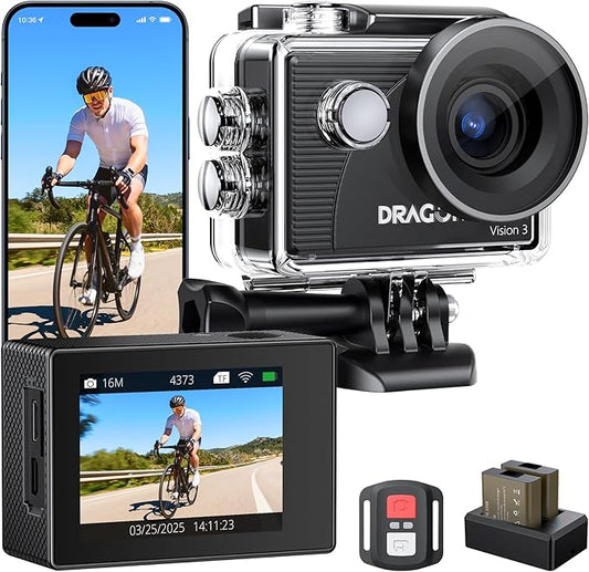 Dragon Touch 4K Action Camera 20MP Vision 3 Underwater Waterproof Camera 170° Wide Angle WiFi Sports Cam with Remote 2 Batteries and Mounting Accessories Kit