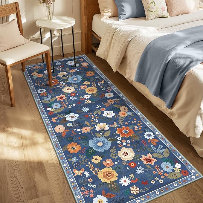 Floral 2x8 Area Rug Machine Washable Soft Print Boho Carpet Non Slip Doormat Low Pile Flower Area Rugs for Living Room Bedroom Nursery Kitchen Dining Room Indoor-Blue/Grey