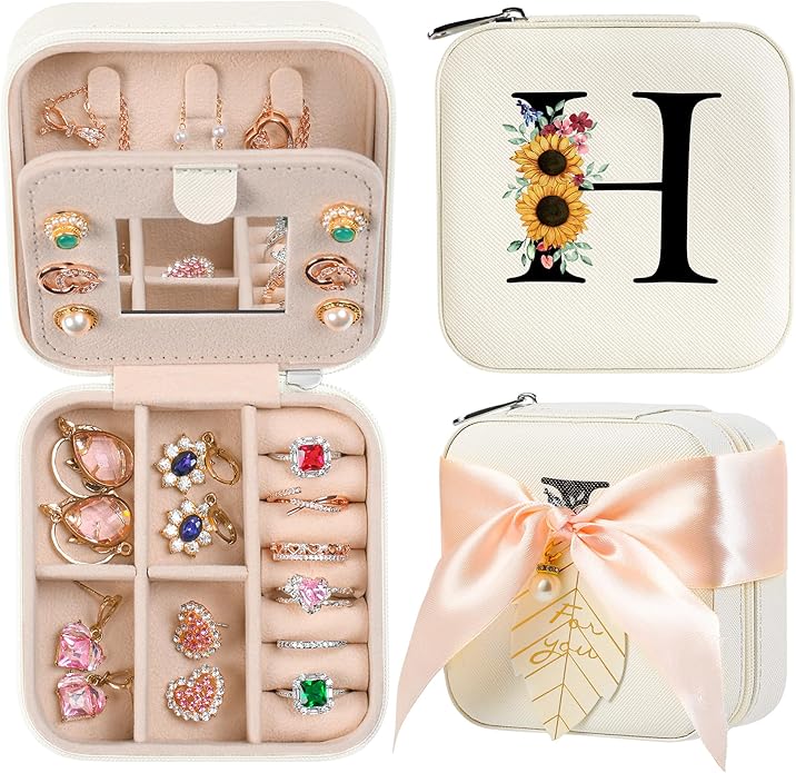 AYGXU Travel Jewelry Box for Women and Girls - Small Case With Initial A-Z - Teacher Gifts