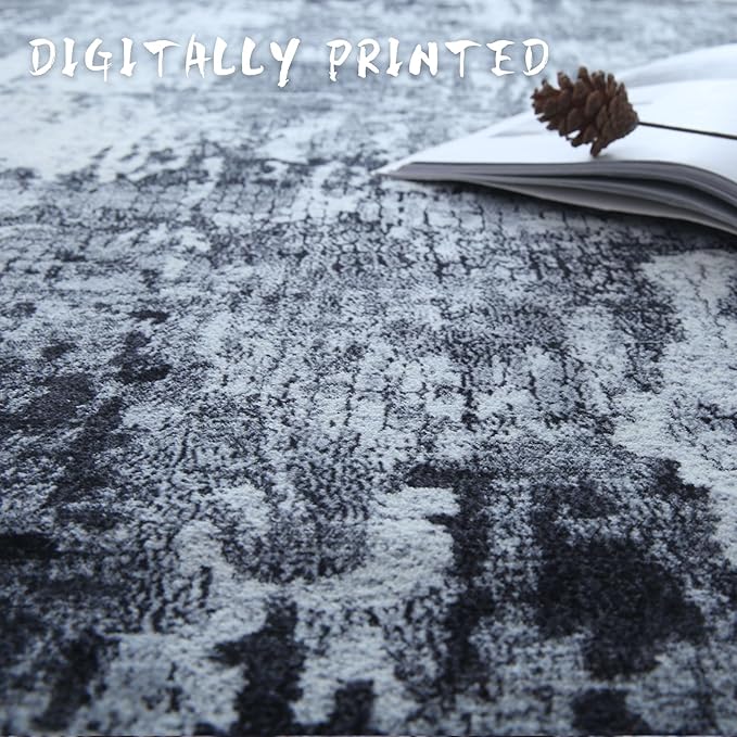 3x5 Rug Washable Boho Rug Soft Area Rug Abstract Pattern Non-Slip Non-Shedding Faux Wool Vintage Rug for Bedside, Bedroom Rug, Kitchen, Floor, Indoor, Laundry, Grey and Black