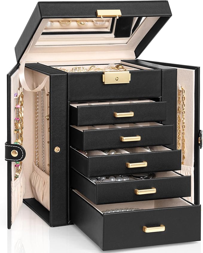 AKOZLIN 6-Tier Jewelry Box Lockable Leather Jewelry Storage Case with 5 Drawers for Women Girls Ring Necklace Earring Bracelet Holder Organizer with Mirror