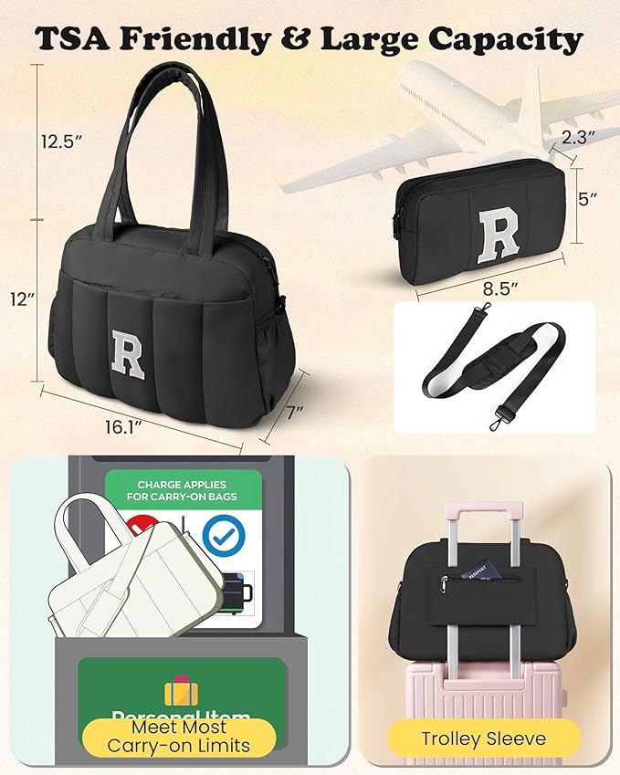 Friend Gifts-Women Duffle Bag with Initial, Personal Item Travel Bags，Gym Bag with Wet Pocket，Lightweight Travel Bags Personalized Tote with Makeup Pouch