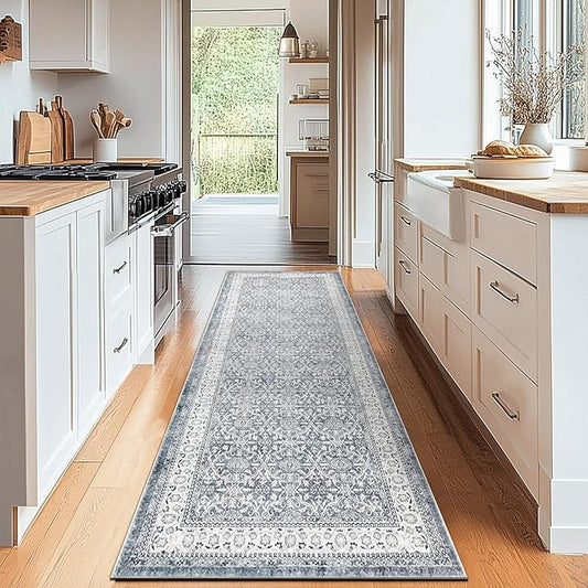jinchan Hallway Runner Rug 2x10 - Machine Washable Grey Vintage Floral Distressed Design Soft Non-Slip Low-Pile Ultra-Thin Runner Rug for Kitchen Laundry Room Bedroom Farmhouse (2‘x10',Grey)
