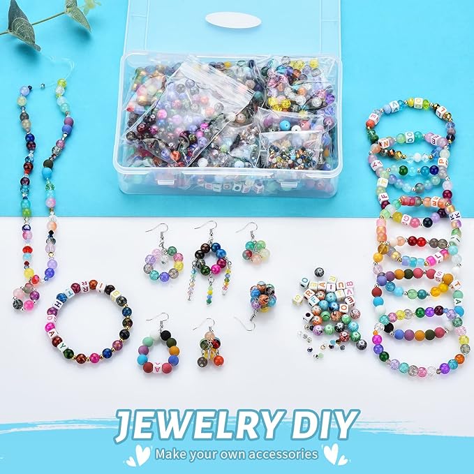 Glass Beads for Jewelry Making,1400Pcs Over 120 Different Pattern Beads Bulk, Include Crystals Beads, Crackle Beads, Letter Beads, Bicone Bead, Spacer Beads for Bracelet Earring Necklace DIY Crafts