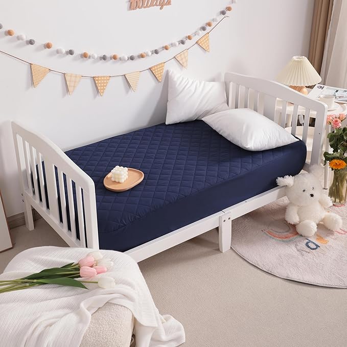 NTBAY 2 Pack Waterproof Mini Crib Mattress Protector, Quilted 24"x38" Fitted Mattress Cover - Machine Washable - Soft and Breathable Baby Mattress Pad Sheet for Mini Crib and Baby Playards, Navy Blue