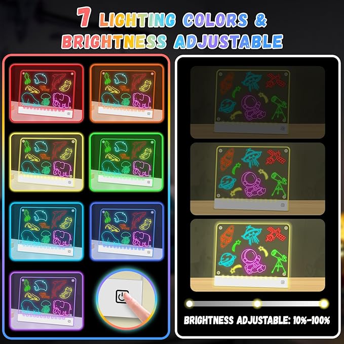 Rechargeable LED Note Board with 7 Colors, Doodle Glow Drawing Lumi Board for Kids with 4 Magnet and Invisible Stand, Light up Acrylic Dry Erase Board with 7 Markers & Tracing Paper (11.8"X9.8")