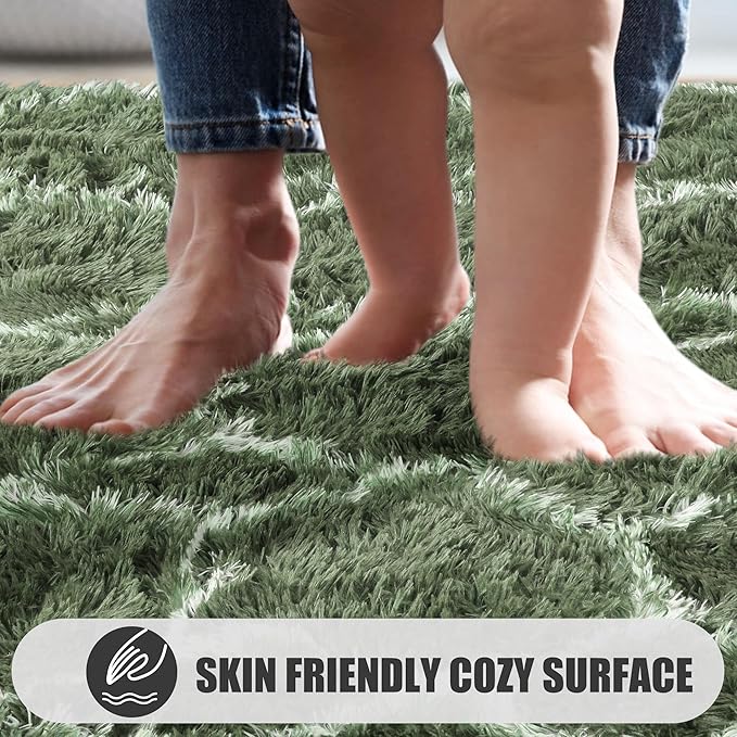 ONASAR Area Rugs for Bedroom Living Room, Washable 4x6 Fluffy Olive Green and White Throw Rug, Shaggy Geometric Floor Mat for Home Decor Aesthetic, Soft Plush Fuzzy Carpet for Nursery Kids Teen Dorm