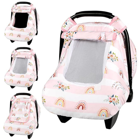 Pea Pod Car Seat Cover Baby, Infant Car Seat Canopy Covers for Newborn with 2 Layers Windows of Breathable Mesh Fabric, Lightweight Polyester/Soft Minky Dot Backing (Floral & Rainbow)
