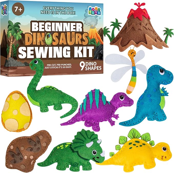 MOMOTOYS Dinosaurs World Beginner Sewing Kit for Kids Ages 7+ – Includes 9 Kids Sewing Projects w/Tools & Art Supplies – DIY Felt Crafts for Girls & Boys, Gifts for 7, 8, 9, 10, 11, 12 Year Old