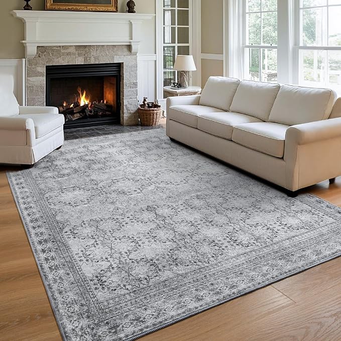 Large Faded Gray 8x10 Washable Area Rug for Living Room, No Shedding Vintage Floral Print Rugs Non Slip, Indoor Foldable Thin Retro Accent Carpet for Bedroom Farmhouse Dining Room