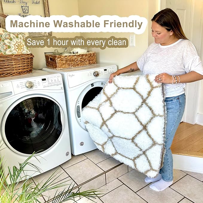 ONASAR 8x10 Area Rugs for Living Room, Fluffy White and Beige Bedroom Rug, Washable Geometric Boho Large Soft Plush Shaggy Fuzzy Floor Carpet for Nursery Kids Classroom Playroom Dorm Home Decor