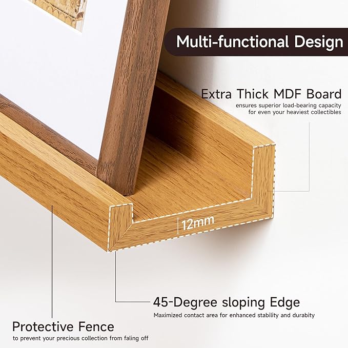 Fun Memories Picture Ledge Shelf, 24 Inch Floating Shelves Set of 2, Nursery Book Shelves for Toys Storage, Kids Bookshelf Wall Mounted for Wall Decor Books Photo Frames, Oak