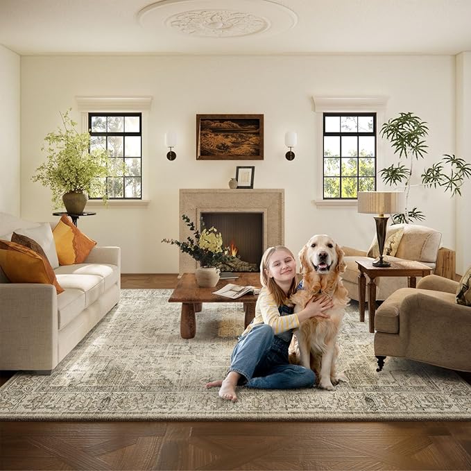 Washable Area Rugs for Living Room: 10x14 Bedroom Area Rugs Boho Vintage Rugs Stain Resistant Non Slip Low Pile Soft Lightweight Carpet for Kitchen Dining Room Farmhouse Nursery Kids Room Home Office