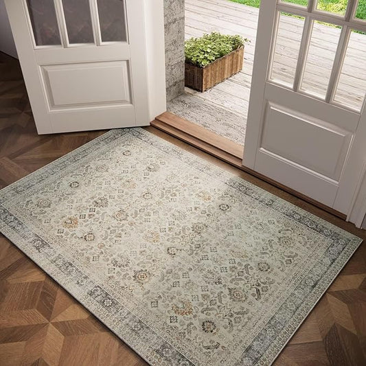 Washable 3x5 Entryway Rug Indoor, Boho Non-Slip Silicone Backing Small Rugs for Kitchen Nursery Office Bedroom, 0.3" Neutral Oriental Throw Carpet with 0.16" Cushioning Pad, Grey/Multi