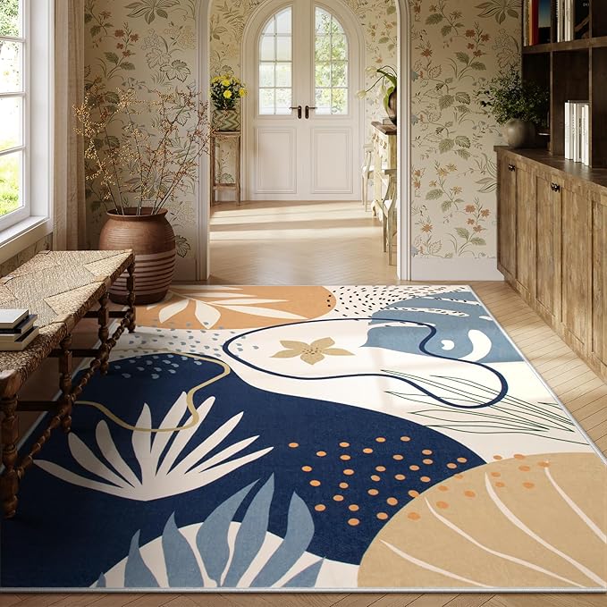 Lahome Washable Area Rug - 8x10 Non-Slip Ultra-Thin Large Area Rug, Soft Bedroom & Living Room Rug, Boho Botanical Print Indoor Stain Resistant Floor Rug for Dining Room Table & Office