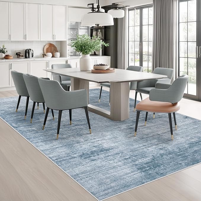 Area Rugs 10x14 Living Room: Washable Rug Modern Abstract Large Rugs Soft Non Slip Neutral Rug Stain Resistant Indoor Carpet for Bedroom Kitchen Dining Room Home Office Rugs(Blue, 10'x14')