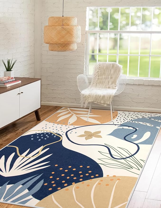 Lahome Rug for Living Room - 5x7 Area Rug Washable Non-Slip Bedroom Carpet Ultra-Thin Throw Cute Soft Kids Nursery Rug, Boho Botanical Print Stain Resistant Indoor Rugs for Dorm Entryway Office