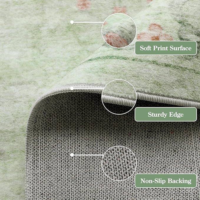 Wonnitar Green Area Rug for Living Room, Floral Bow 8x10 Washable Rug, Ultra-Thin Non Shedding Soft Boho Carpet for Bedroom Dining Room Playroom Dorm, Light Green