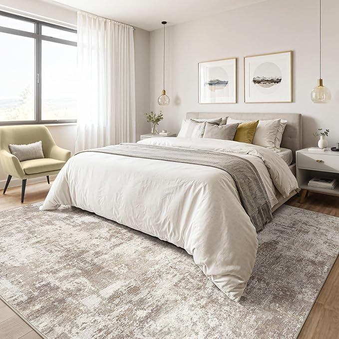 Area Rugs 9x12 Living Room: Washable Large Abstract Soft Rugs Stain Resistant Indoor Floor Non-Slip Accent Carpet for Women Modern Home Enthusiasts Aged 25-45 - Bedroom Nursery Playroom- Beige Brown